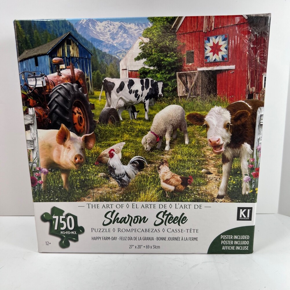 HAPPY FARM DAY 750 PIECE JIGSAW PUZZLE BY SHARON STEELE COWS CHICKENS PIGS SHEEP